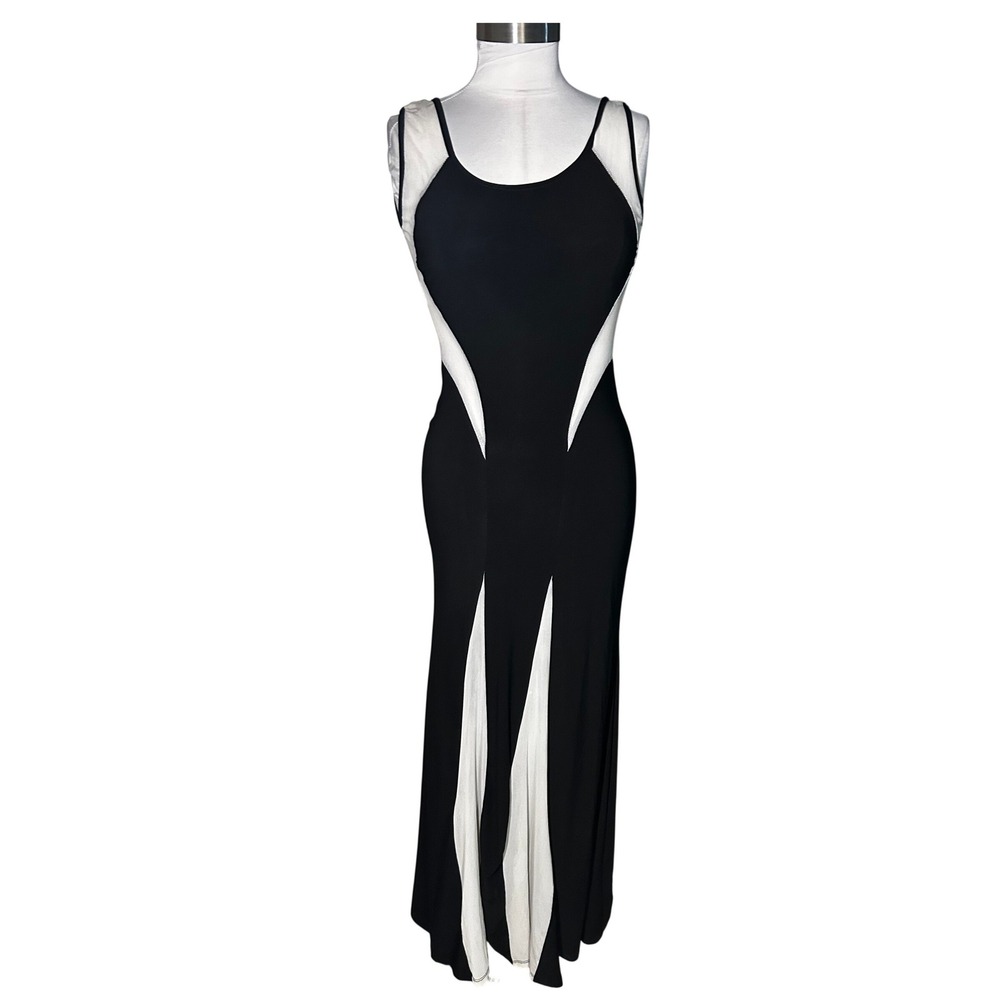Vintage Symphony Black White Mesh Colorblock Maxi Dress Deep V Back Gown
